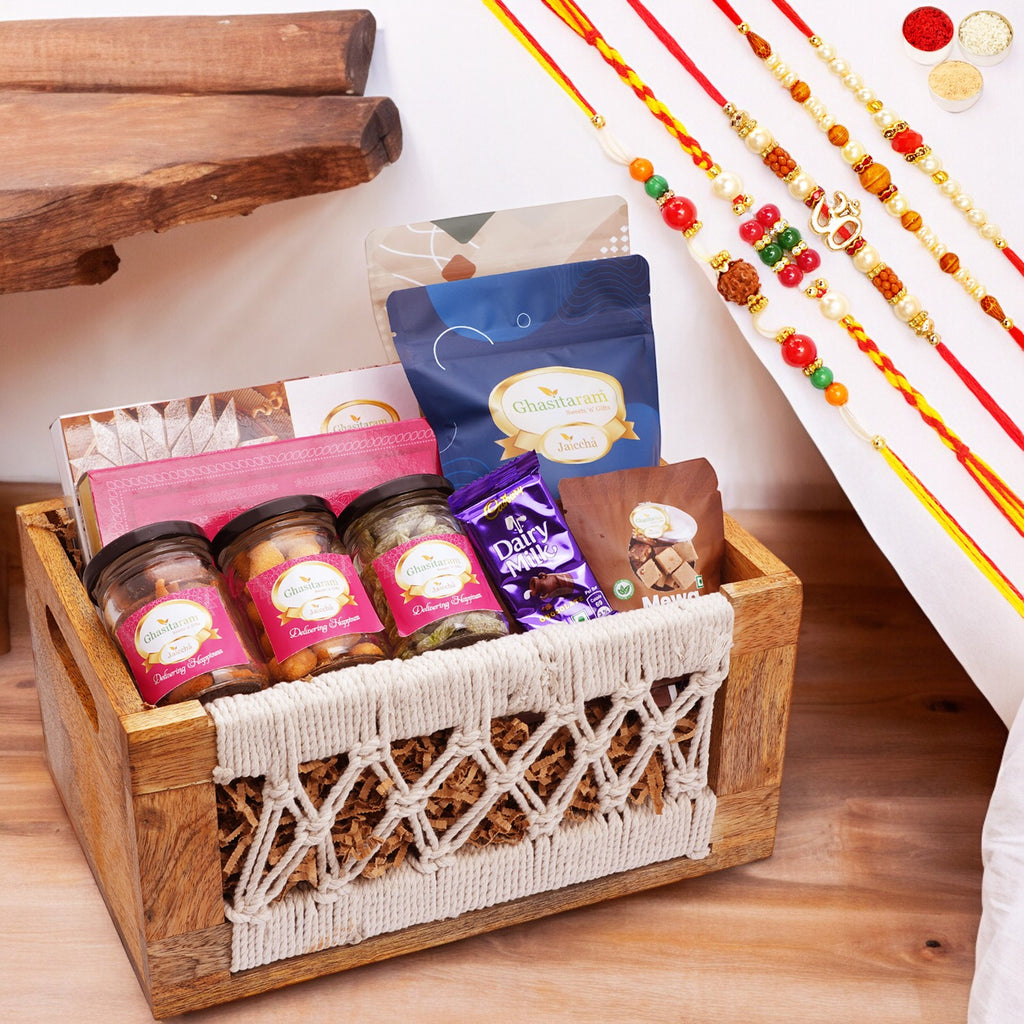 Wooden Jute Rectangle Basket of 17 Goodies with 5 Rakhis