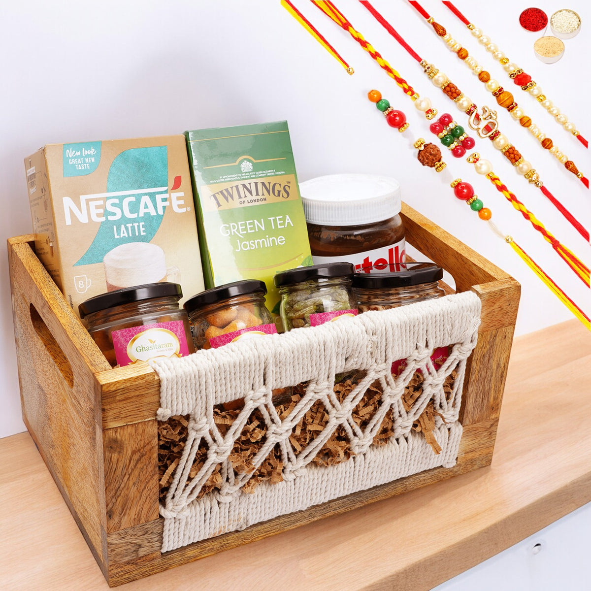 Wooden Jute Rectangle Basket of 7 Goodies with 5 Rakhis