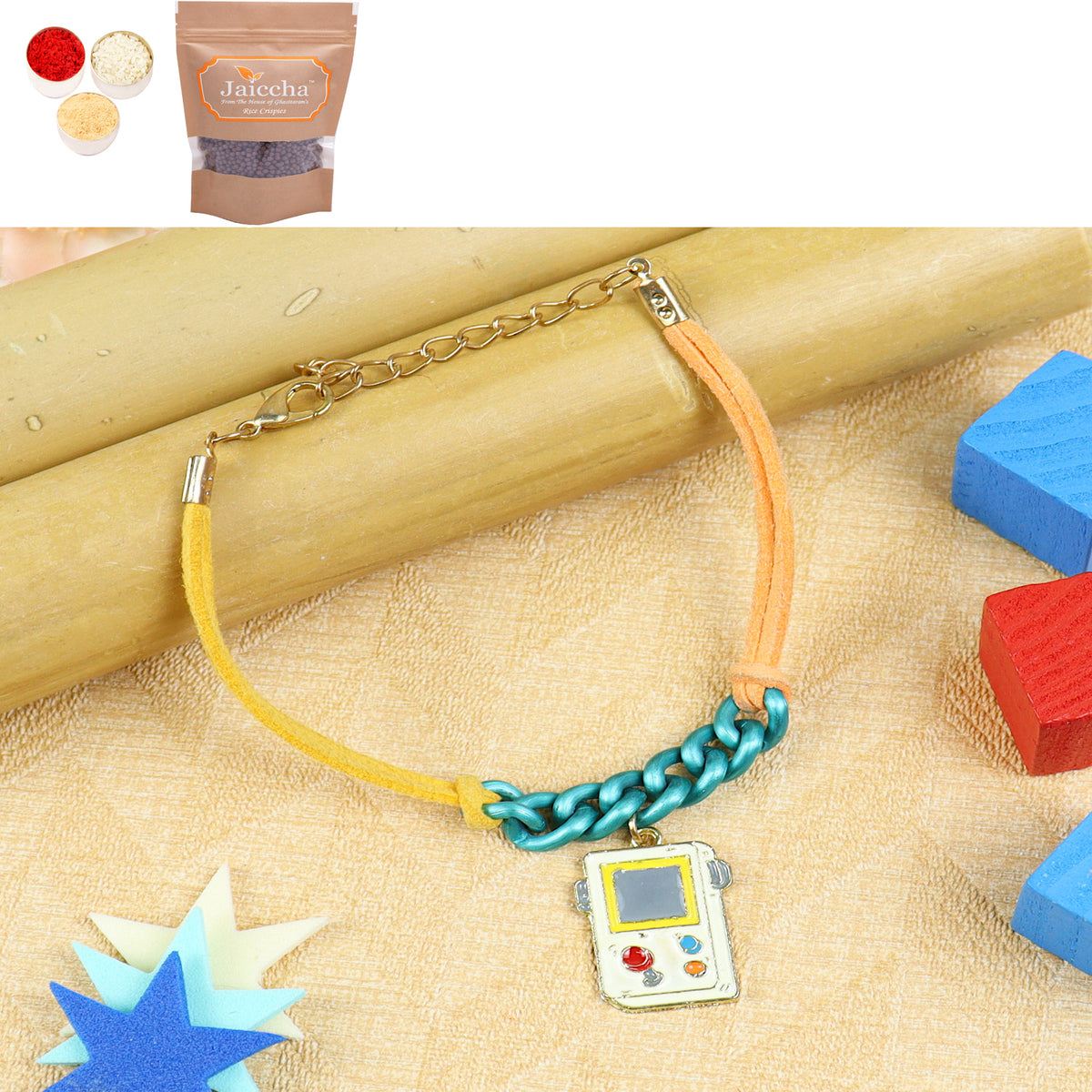  KR24-007- Rakhi Bracelet Metal Gaming Kids Rakhi with Chocolate Coated Rice Crispies 200 gms