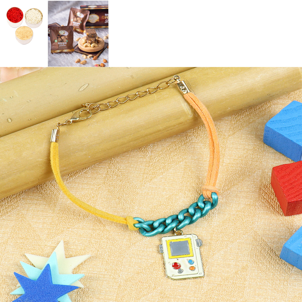  KR24-007- Rakhi Bracelet Metal Gaming Kids Rakhi with Mewa Bite Box