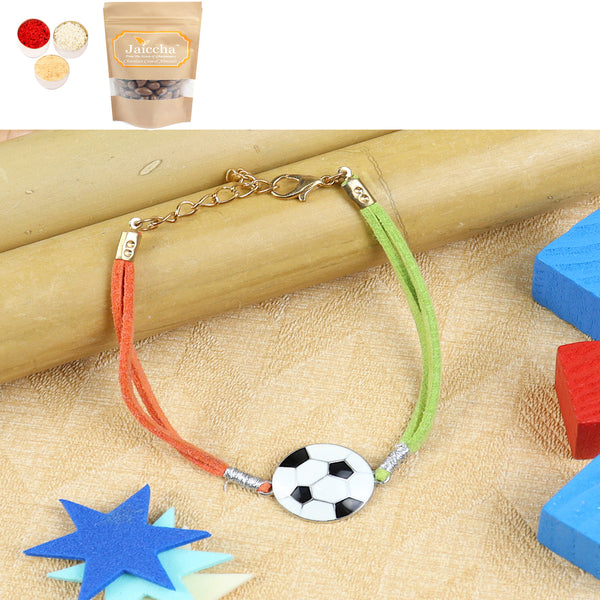 KR24-008- Rakhi Bracelet Metal Football Kids Rakhi with Chocolate Coated Almonds 200 gms