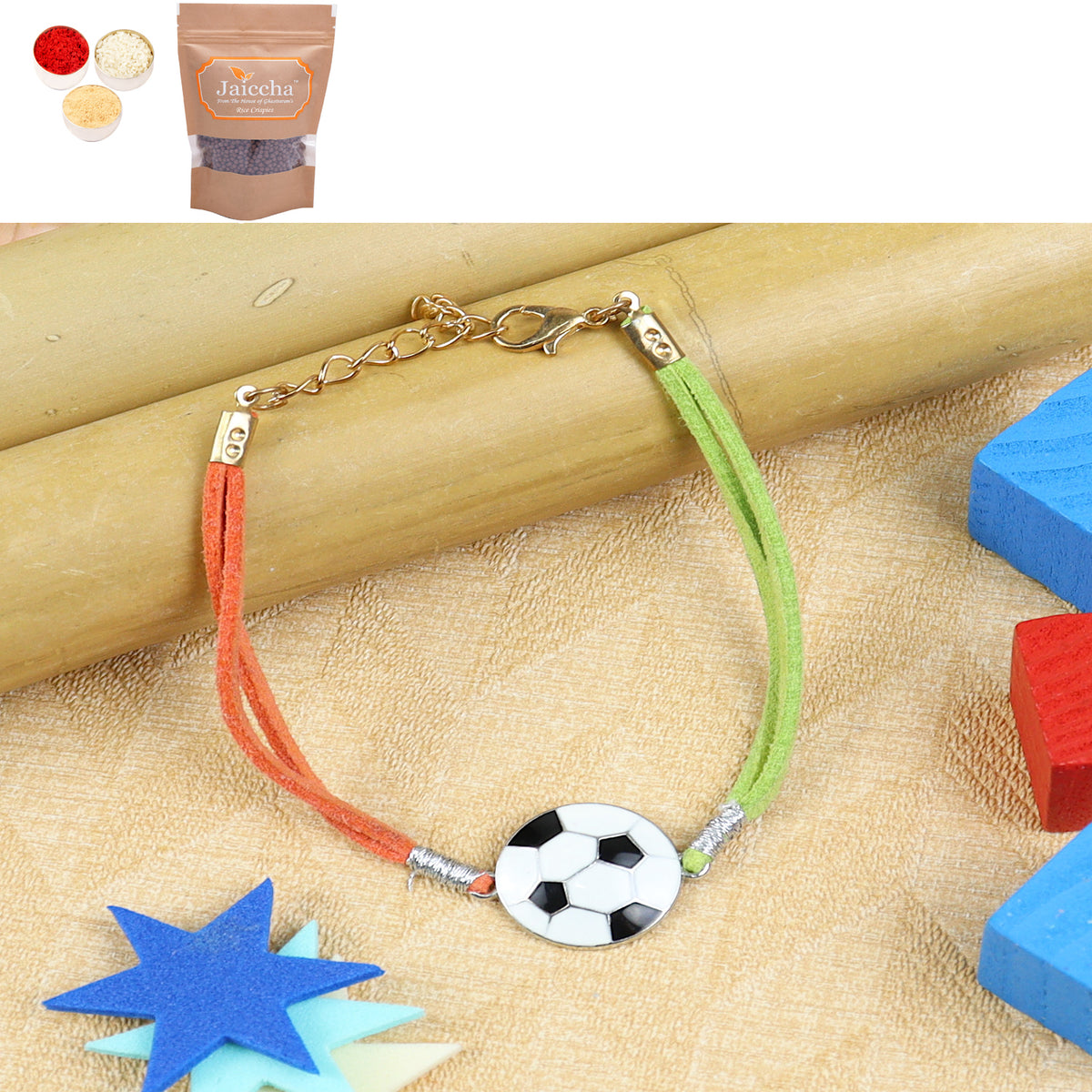 KR24-008- Rakhi Bracelet Metal Football Kids Rakhi with Chocolate Coated Rice Crispies 200 gms
