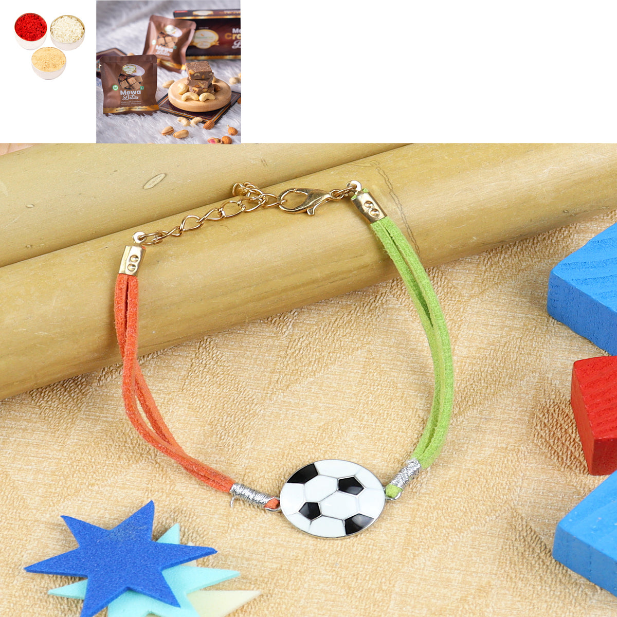 KR24-008- Rakhi Bracelet Metal Football Kids Rakhi with Mewa Bite Box