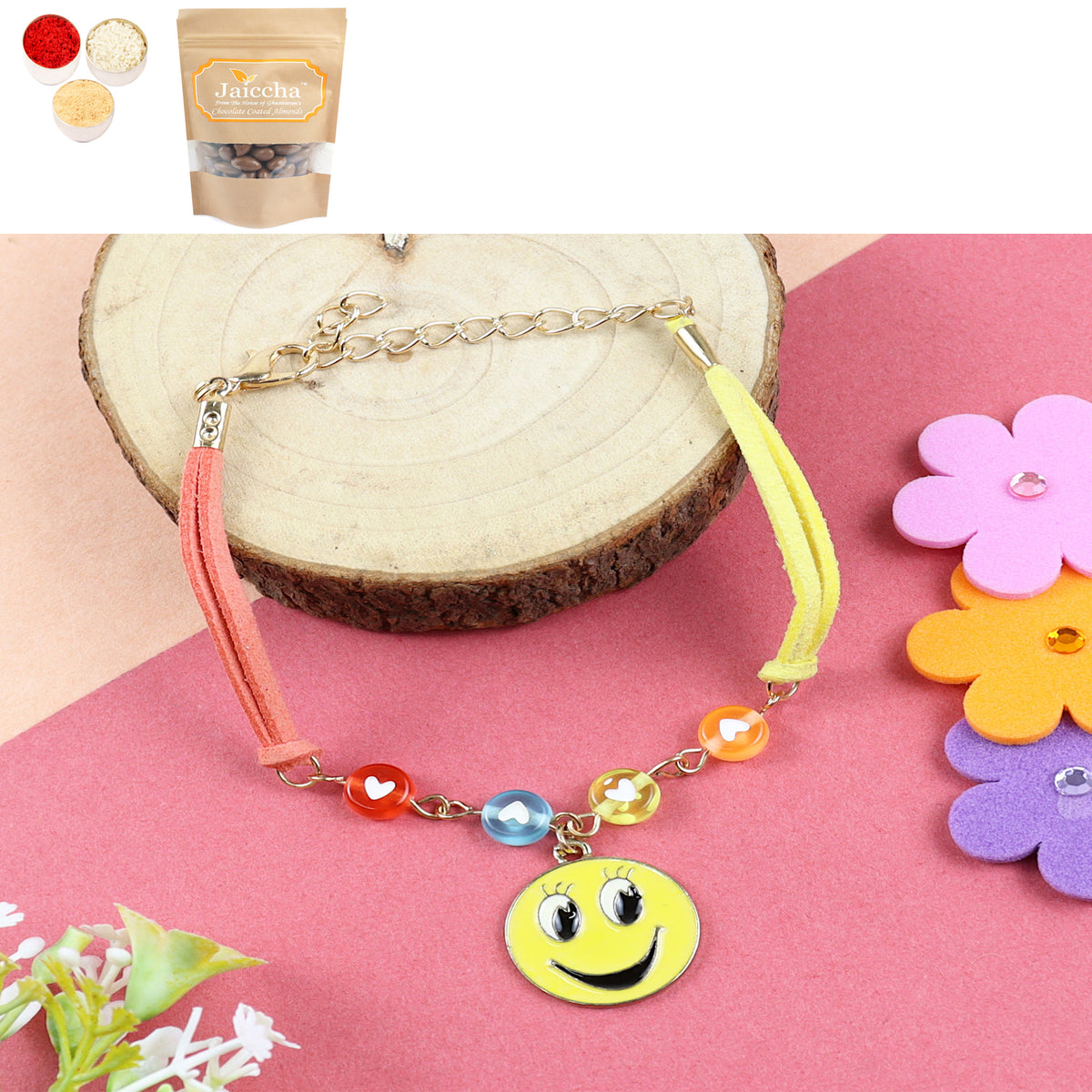 KR24-017- Rakhi Bracelet Smiely Kids Rakhi with Chocolate Coated Almonds 200 gms