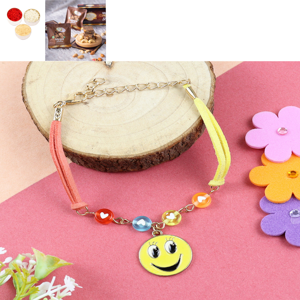 KR24-017- Rakhi Bracelet Smiely Kids Rakhi with Mewa Bite Box