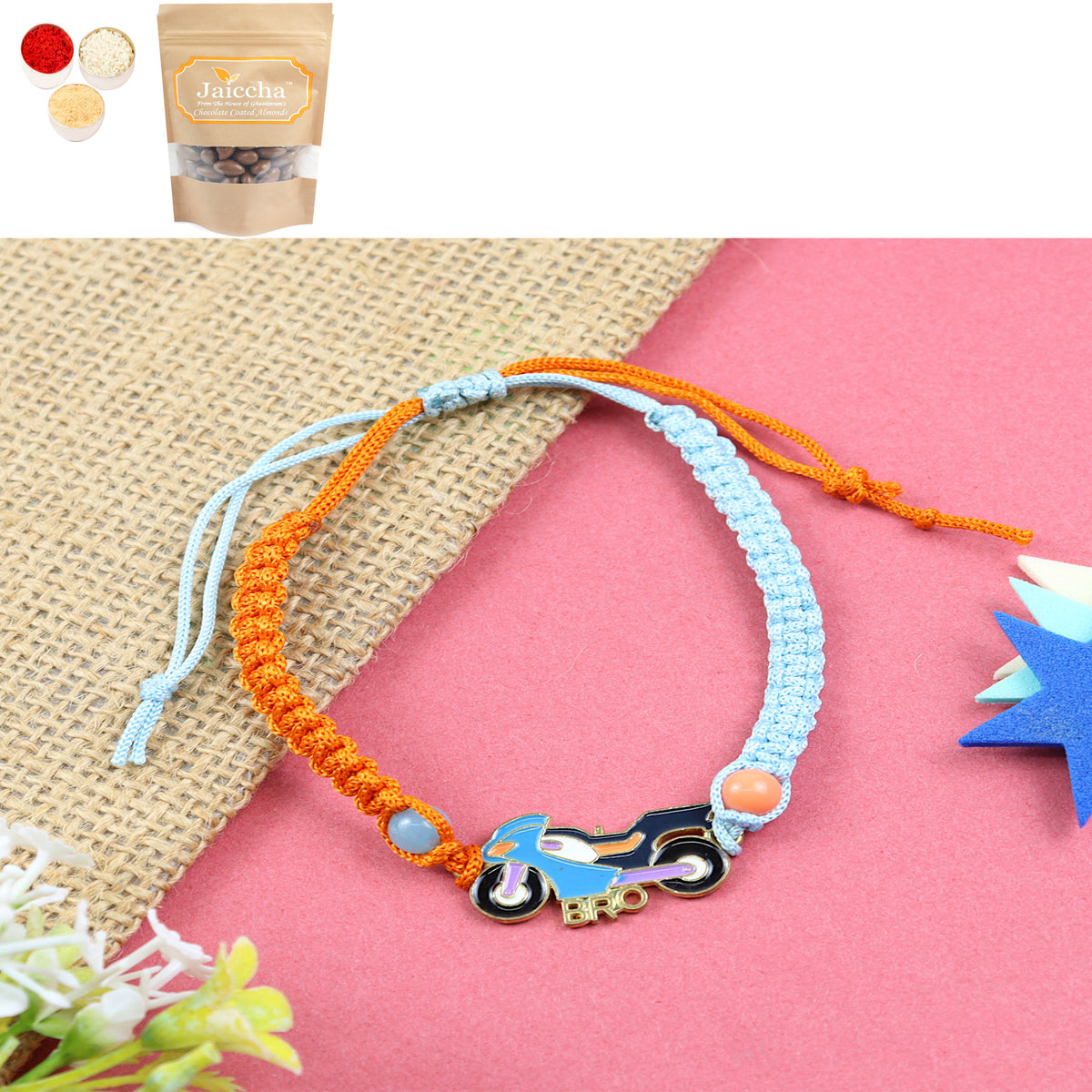 KR24-019- Macrame Rakhi Bracelet Bike Kids Rakhi with Chocolate Coated Almonds 200 gms