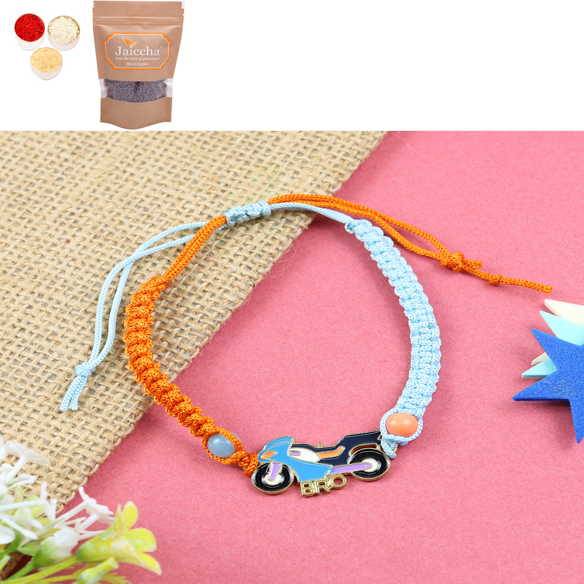 KR24-019- Macrame Rakhi Bracelet Bike Kids Rakhi with Chocolate Coated Rice Crispies 200 gms
