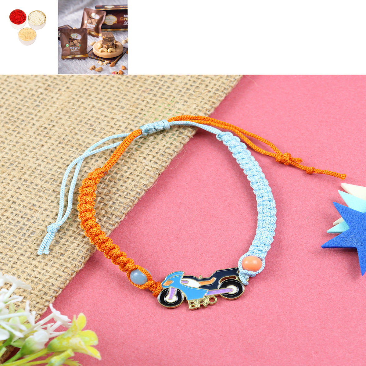 KR24-019- Macrame Rakhi Bracelet Bike Kids Rakhi with Mewa Bite Box
