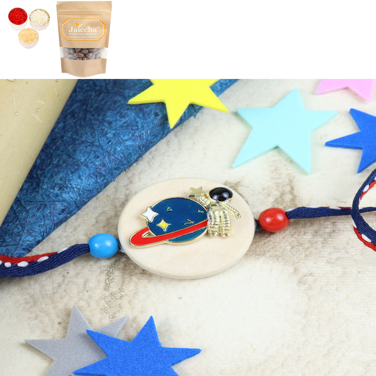 KR24-040- Metal Space Kids Rakhi with Chocolate Coated Almonds 200 gms