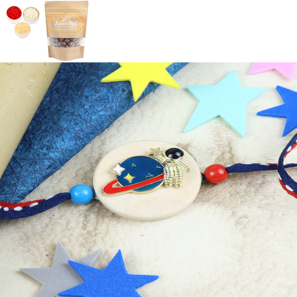 KR24-040- Metal Space Kids Rakhi with Chocolate Coated Almonds 200 gms