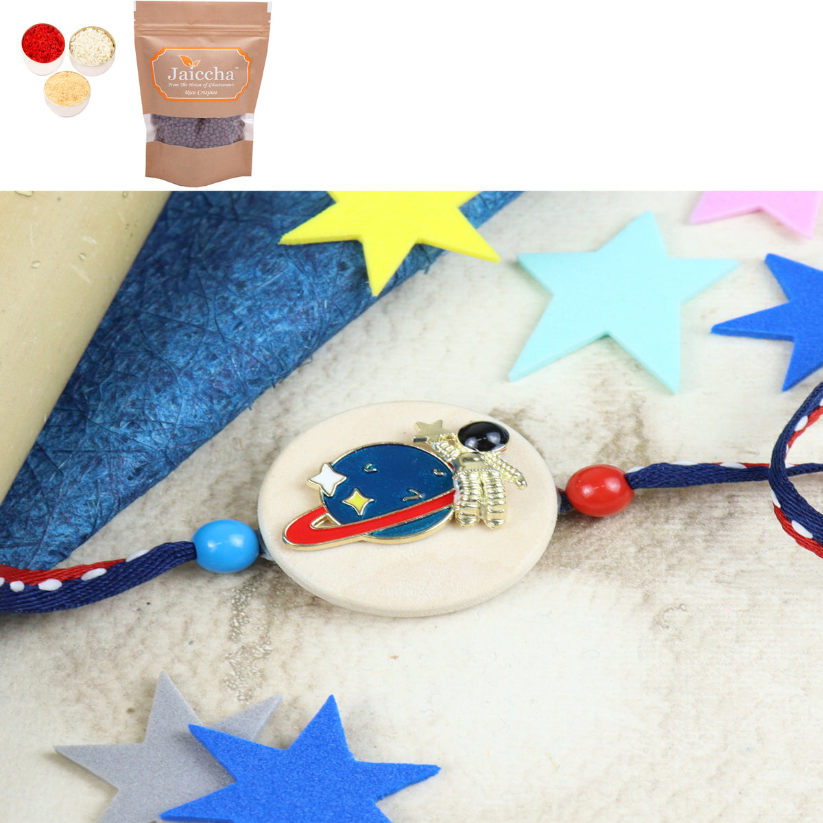 KR24-040- Metal Space Kids Rakhi with Chocolate Coated Rice Crispies 200 gms