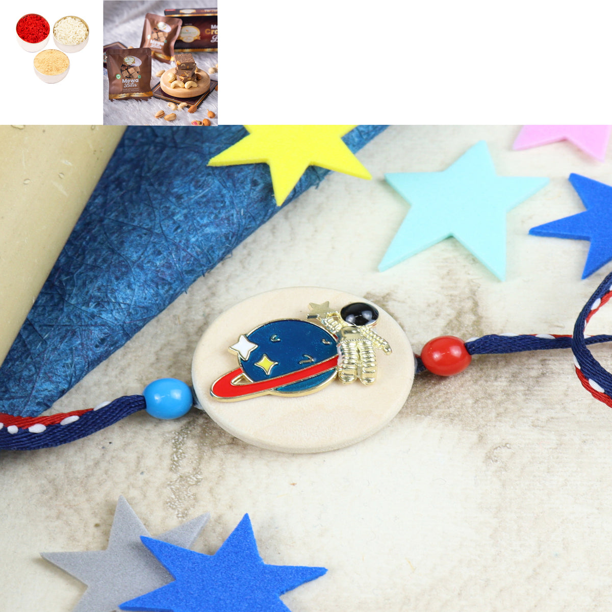 KR24-040- Metal Space Kids Rakhi with Mewa Bite Box