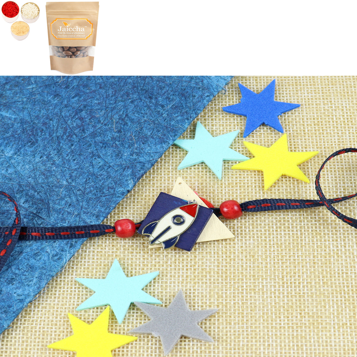 KR24-049- Metal Rocket Kids Rakhi with Chocolate Coated Almonds 200 gms