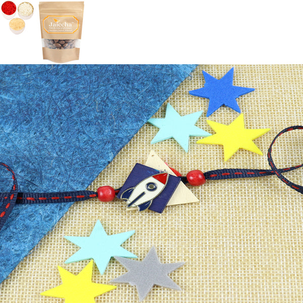 KR24-049- Metal Rocket Kids Rakhi with Chocolate Coated Almonds 200 gms