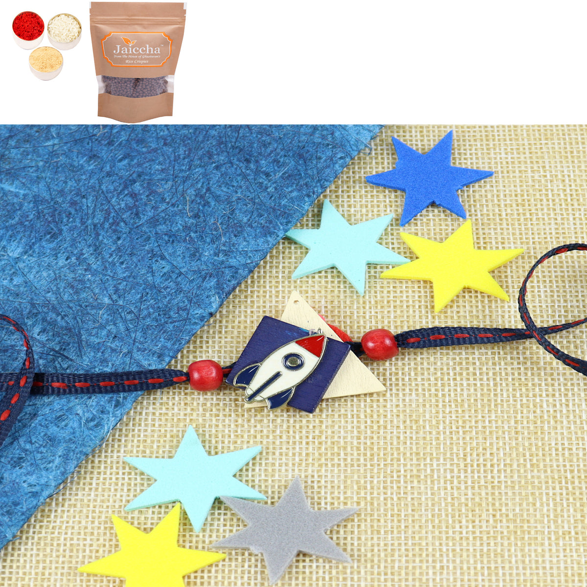 KR24-049- Metal Rocket Kids Rakhi with Chocolate Coated Rice Crispies 200 gms