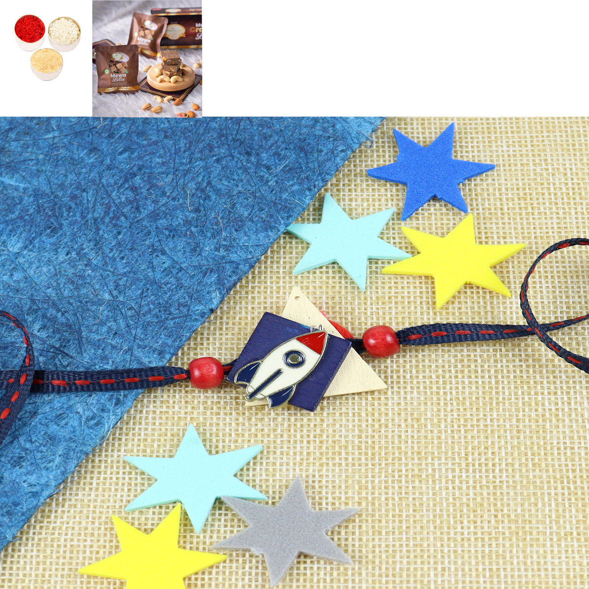 KR24-049- Metal Rocket Kids Rakhi with Mewa Bite Box