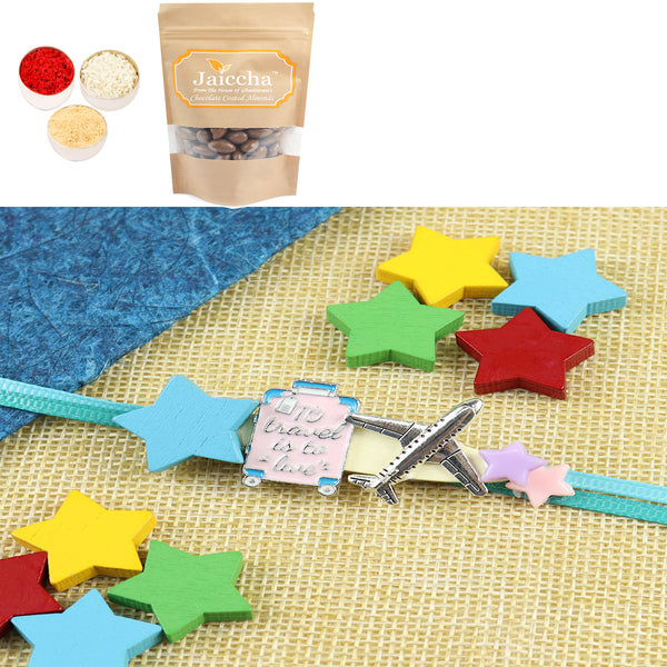 KR25-103- Metal Aeroplane Kids Rakhi with Chocolate Coated Almonds 200 gms
