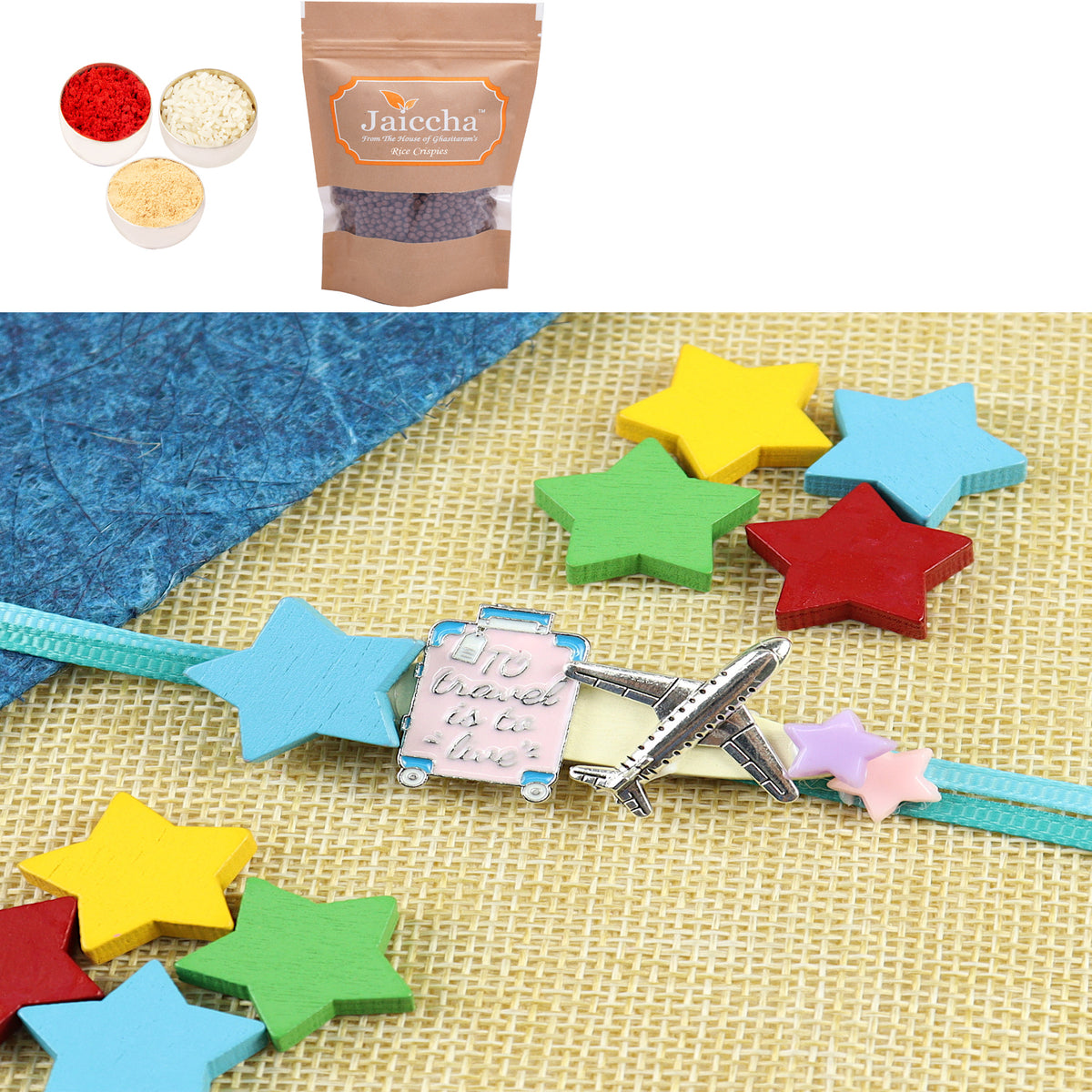 KR25-103- Metal Aeroplane Kids Rakhi with Chocolate Coated Rice Crispies 200 gms