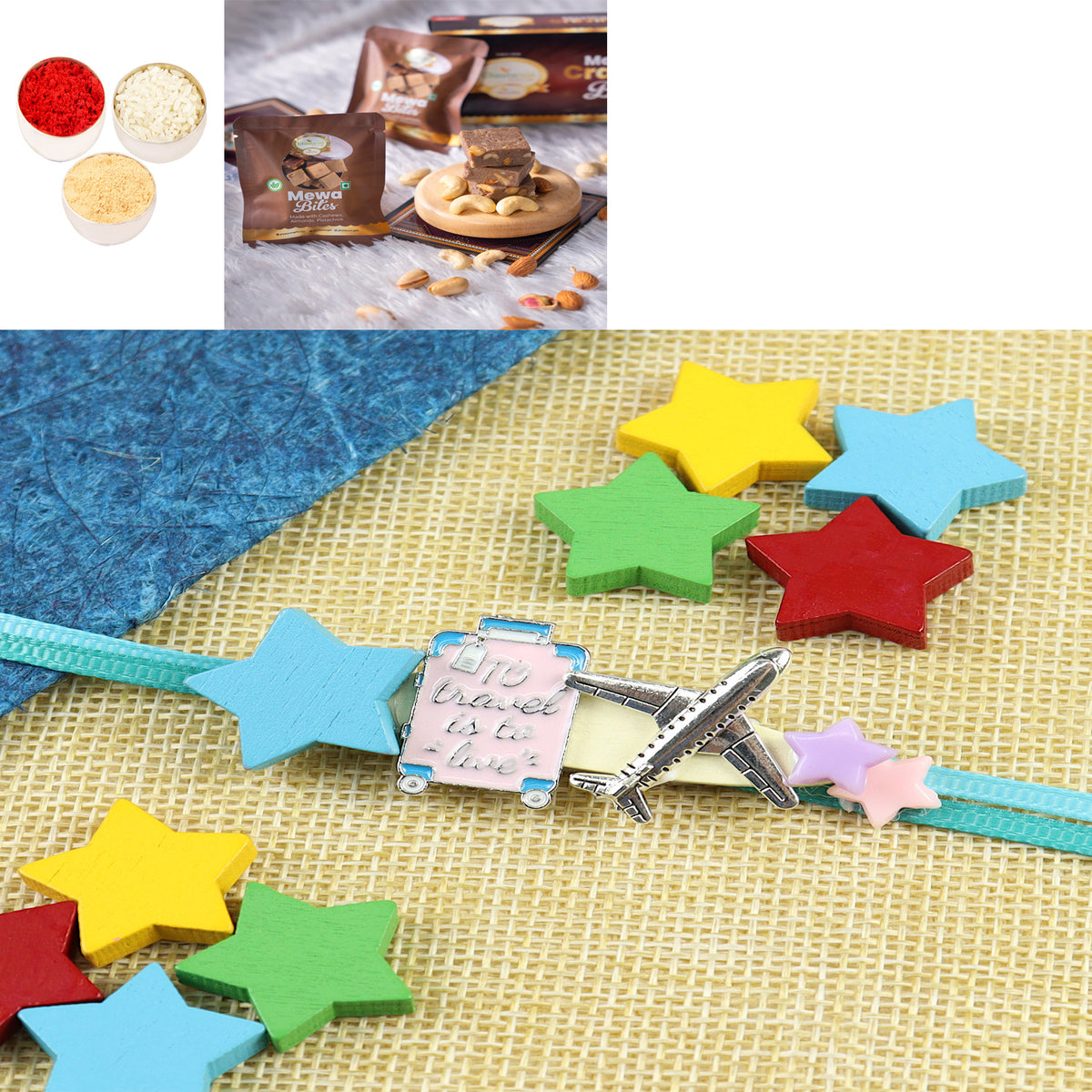 KR25-103- Metal Aeroplane Kids Rakhi with Mewa Bite Box