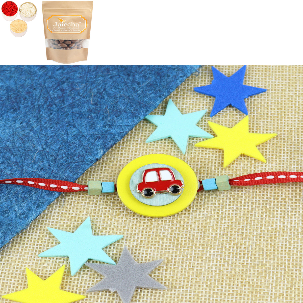 KR24-056- Metal car Kids Rakhi with Chocolate Coated Almonds 200 gms