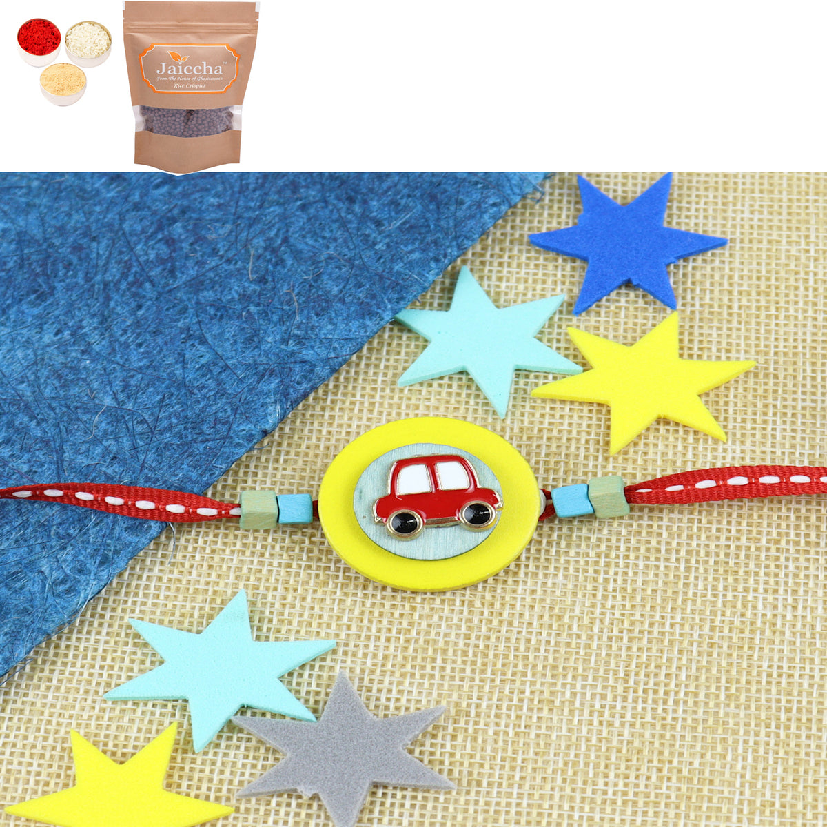 KR24-056- Metal car Kids Rakhi with Chocolate Coated Rice Crispies 200 gms