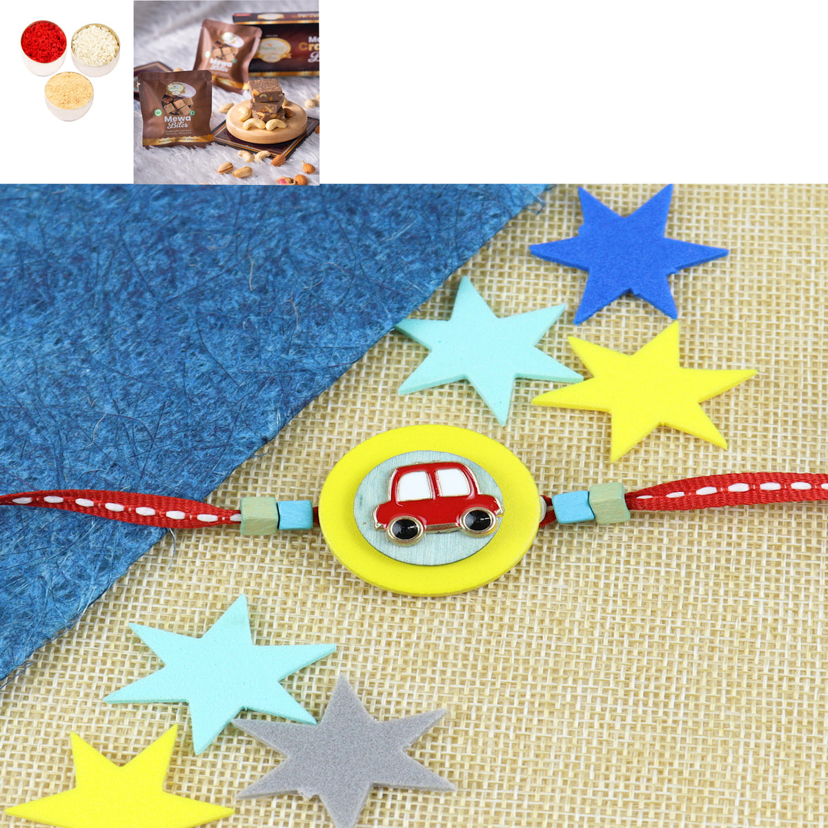 KR24-056- Metal car Kids Rakhi with Mewa Bite Box