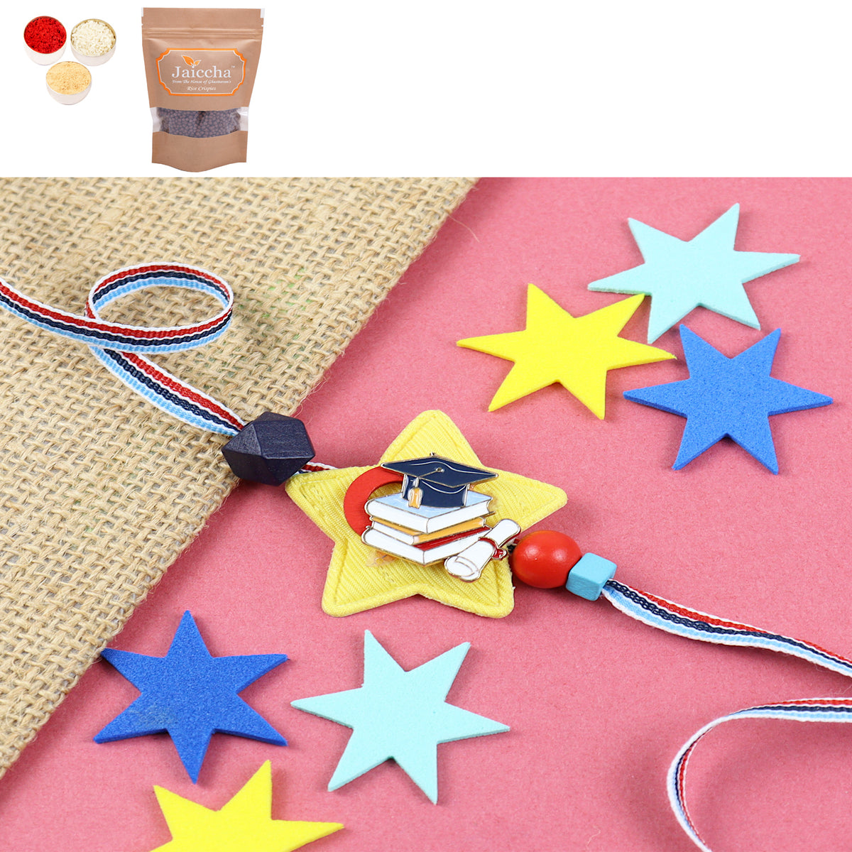 KR24-087-Graduate Kids Rakhi with Chocolate Coated Rice Crispies 200 gms
