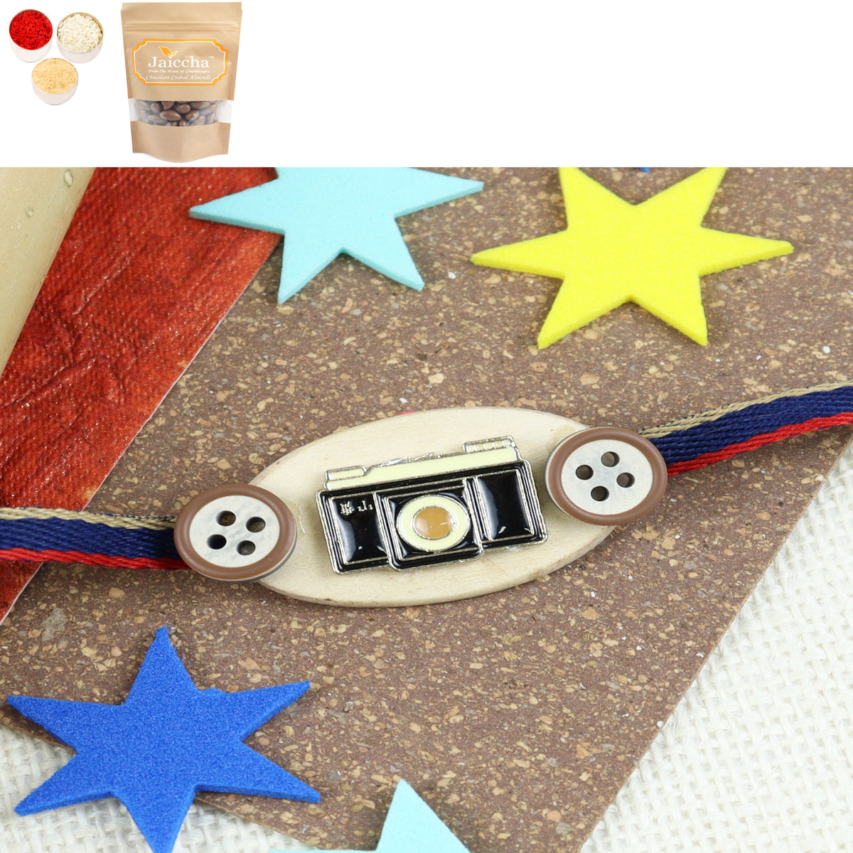 KR23-135- Metal Charm Kids Rakhi with Chocolate Coated Almonds 200 gms