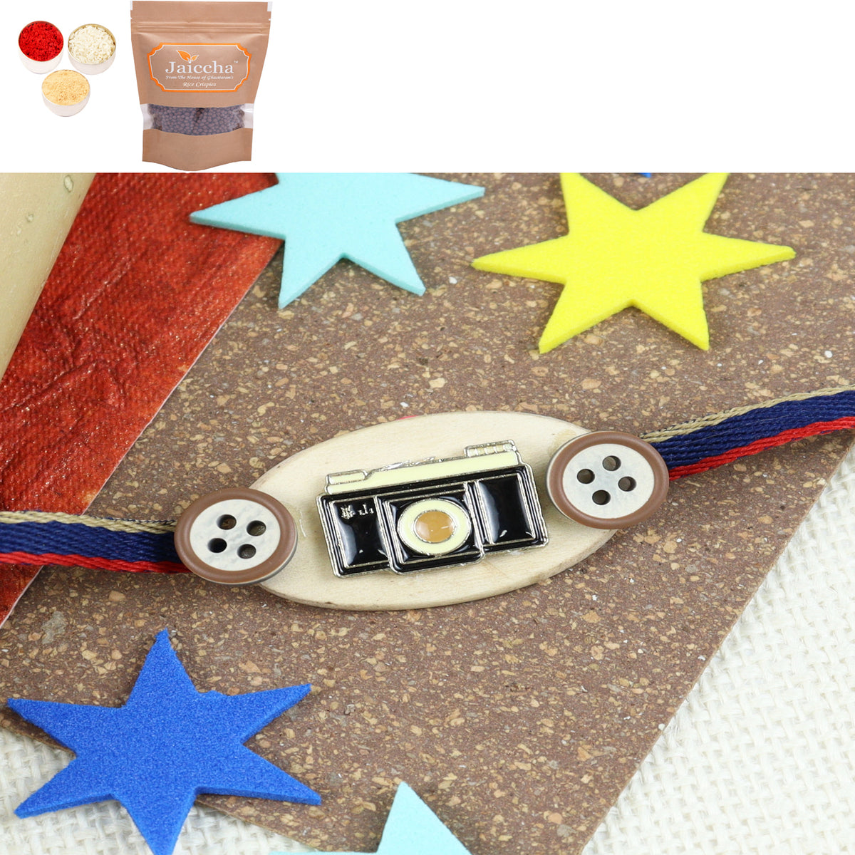 KR23-135- Metal Charm Kids Rakhi with Chocolate Coated Rice Crispies 200 gms