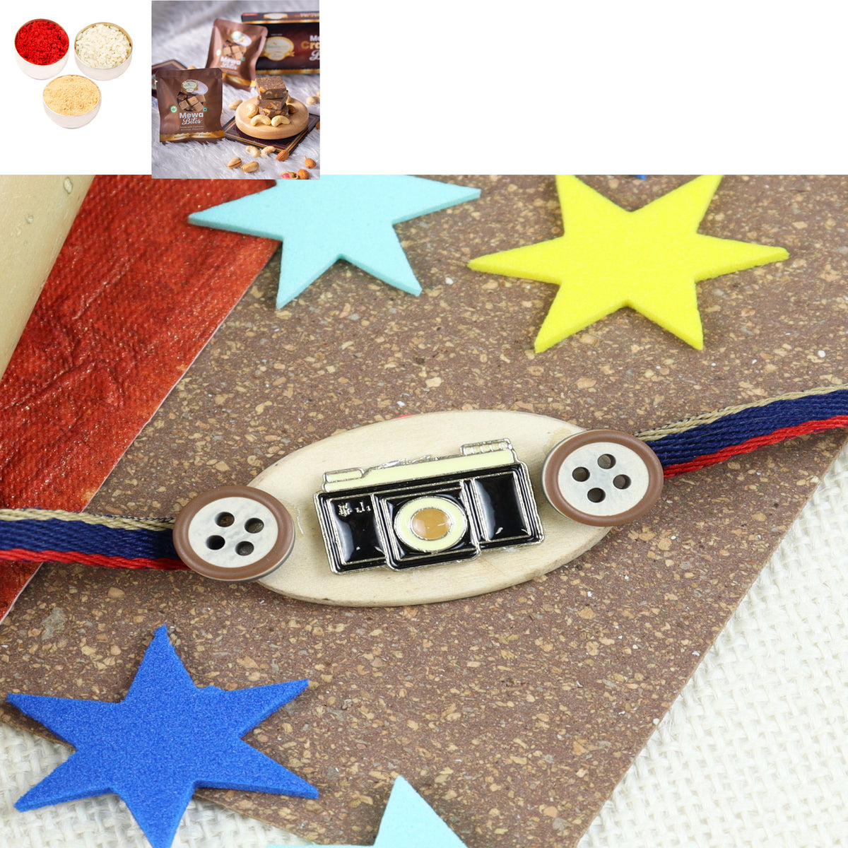 KR23-135- Metal Charm Kids Rakhi with Mewa Bite Box