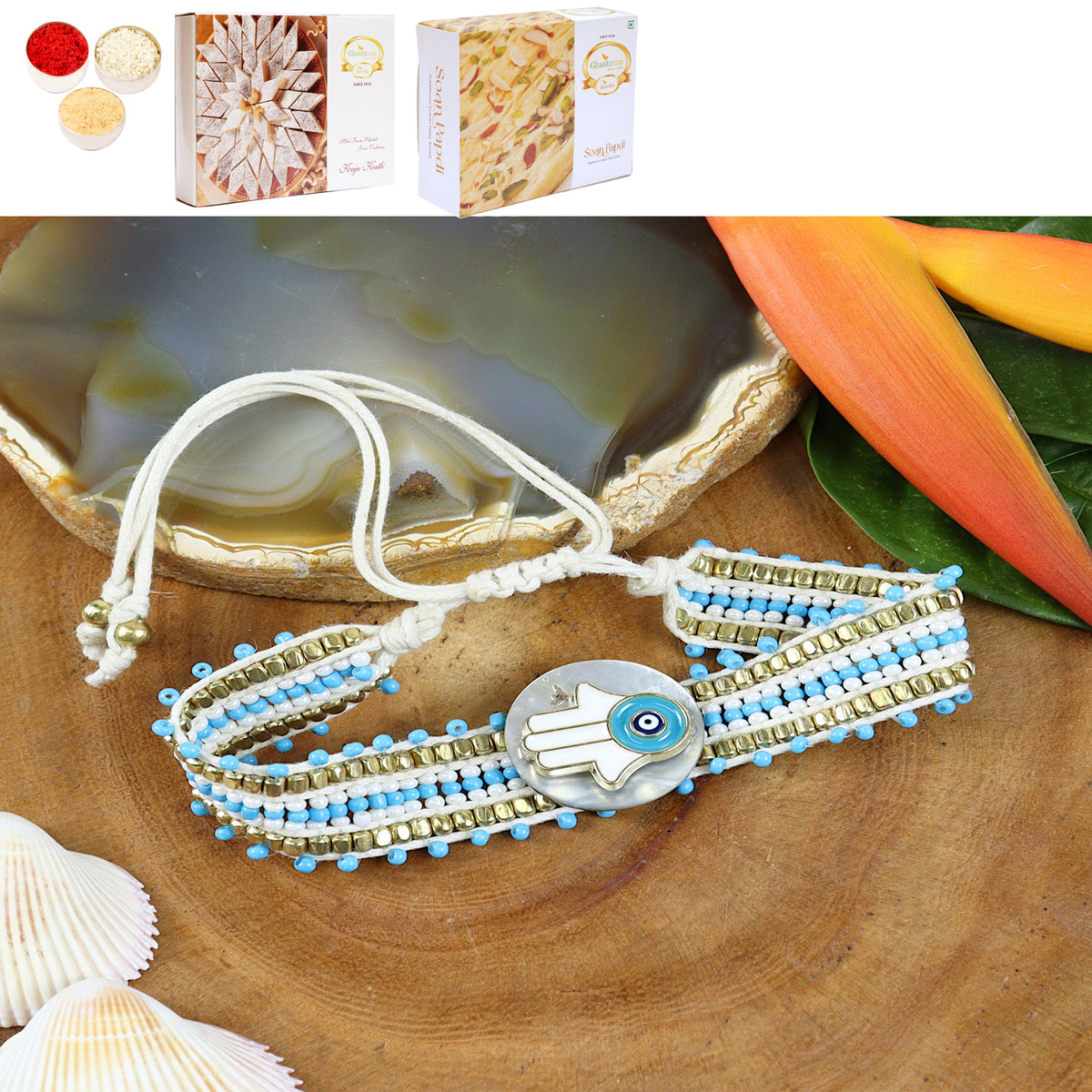 PRK24-002 Bracelet Premium Rakhi with 200 gms of Kaju katli and 200 gms of Soan Papdi