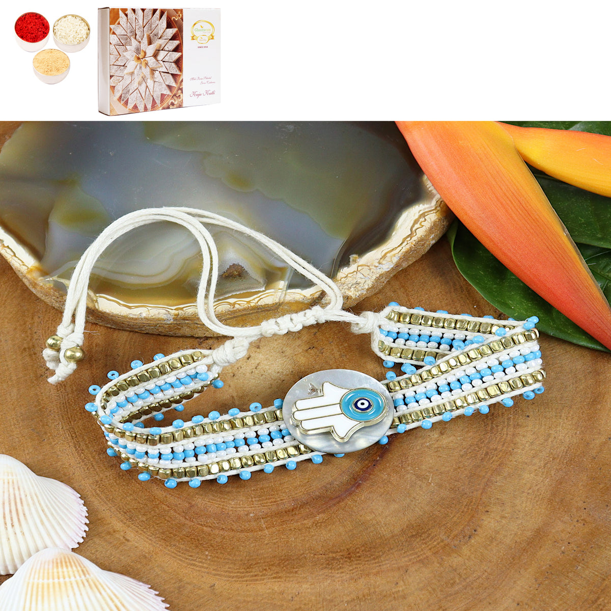 Rakhis Online UK- PRK24-002 Bracelet Premium Rakhi with 200 gms of Kaju katli