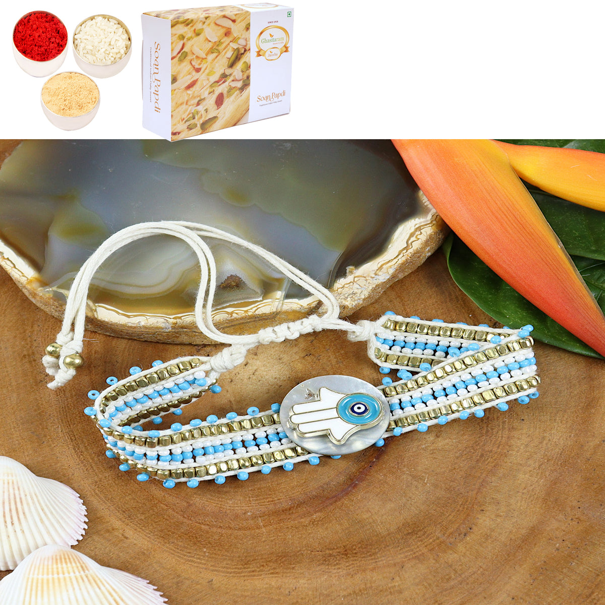 Rakhis Online USA- PRK24-002 Bracelet Premium Rakhi with 200 gms of Soan Papdi