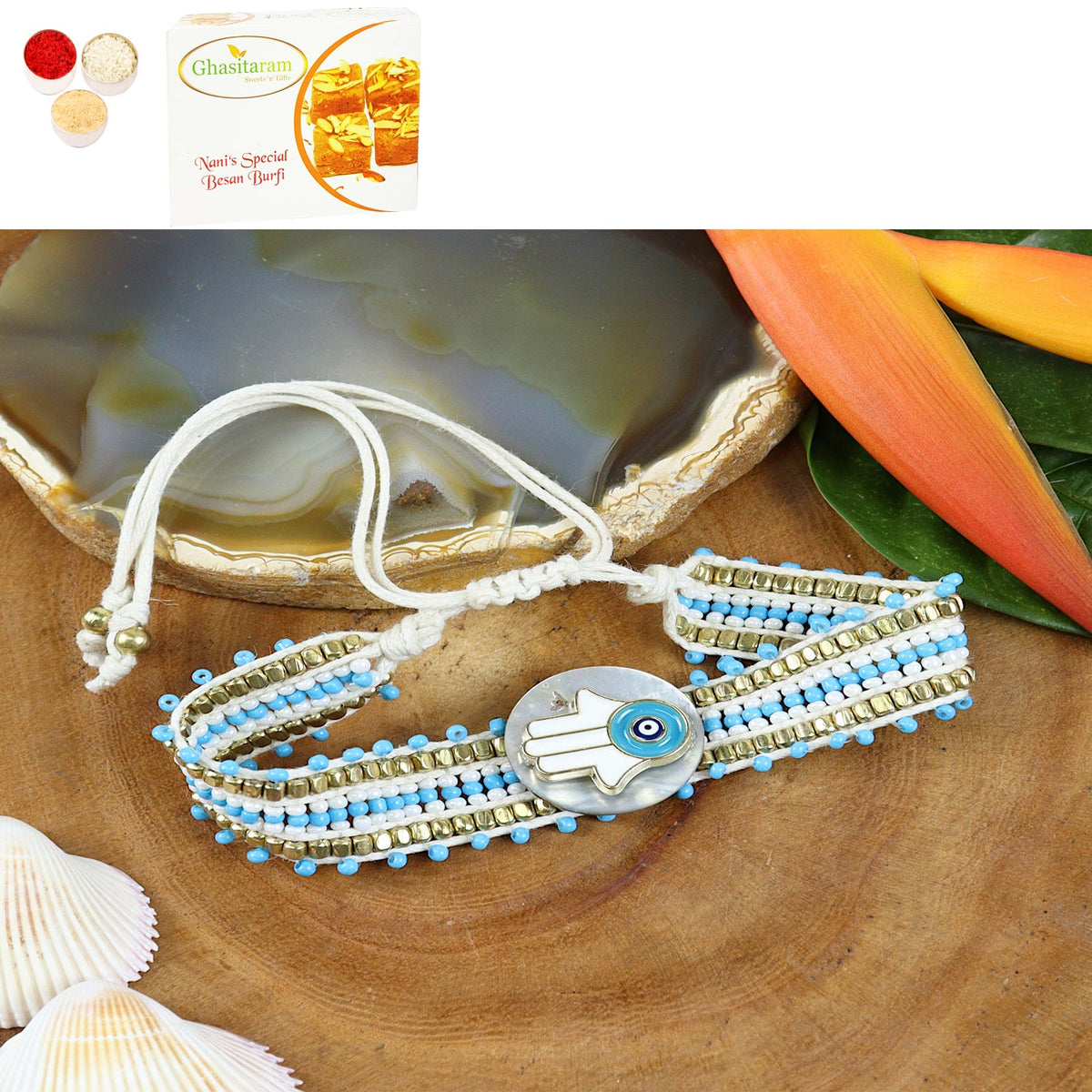 Rakhis Online Australia- PRK24-002 Bracelet Premium Rakhi with 200 gms of Besan Barfi