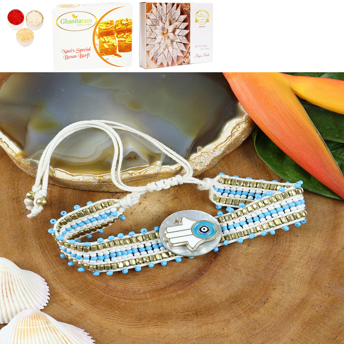 PRK24-002 Bracelet Premium Rakhi with 200 gms of Besan Barfi and 200 gms of Kaju Katli