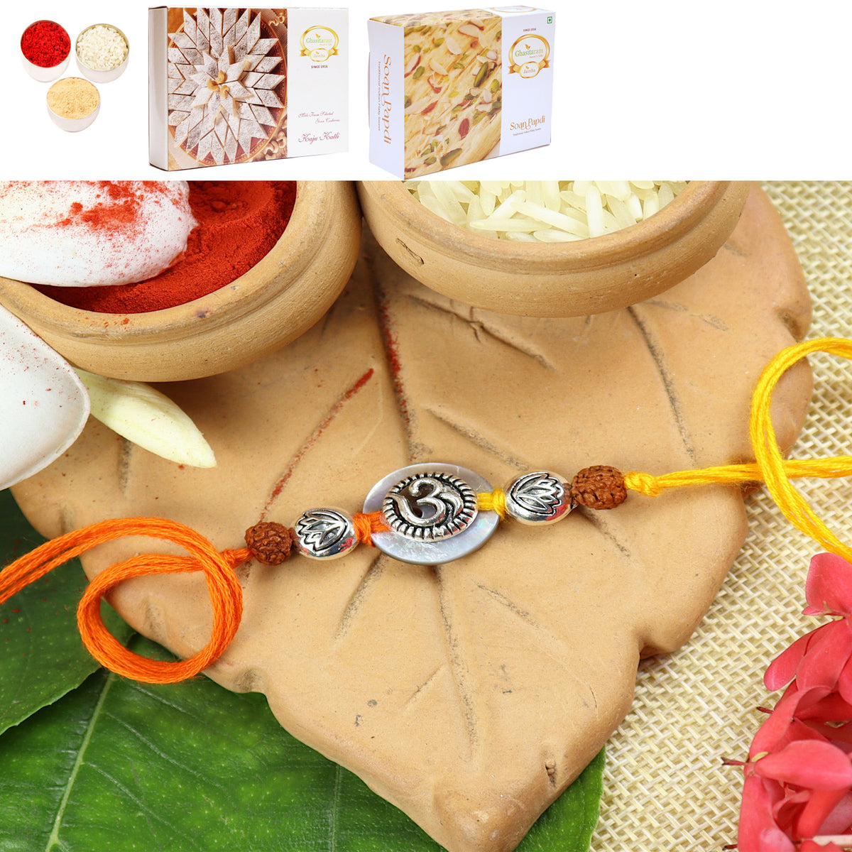 S24-006 Mrtal Om Premium rakhi with 200 gms of Kaju katli and 200 gms of Soan Papdi
