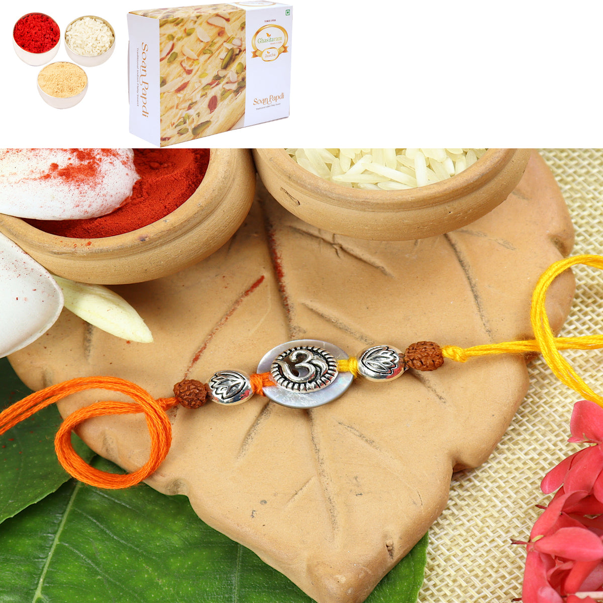 S24-006 Mrtal Om Premium rakhi with 400 gms of Soan Papdi