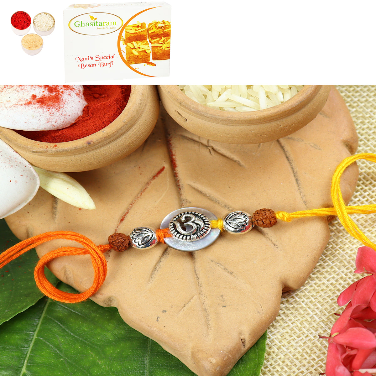 Rakhis Online UK- S24-006 Mrtal Om Premium rakhi with 200 gms of Besan Barfi