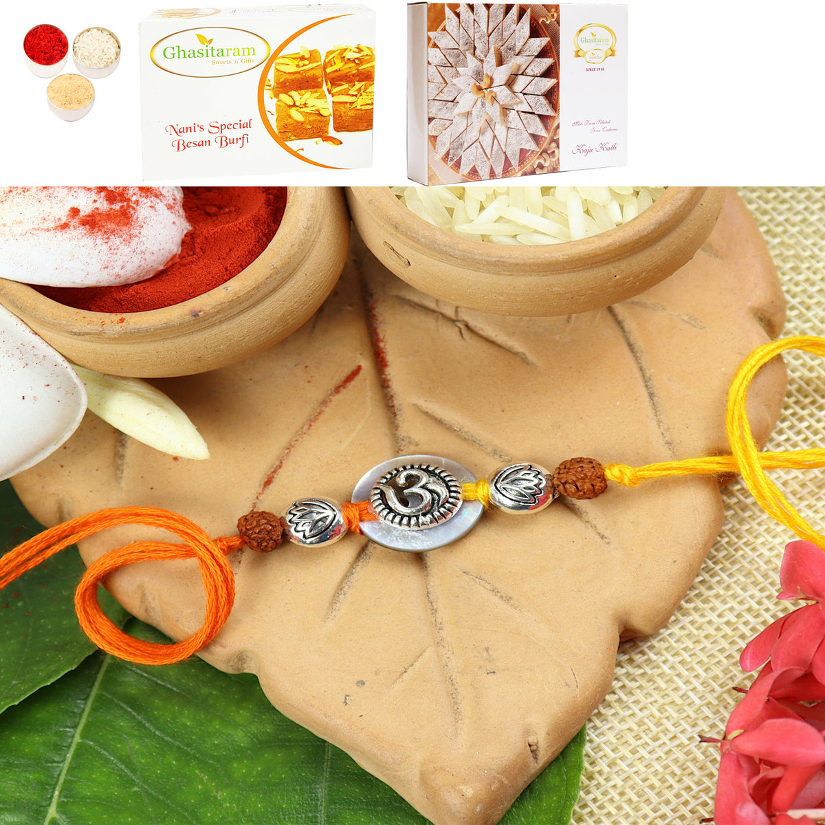 S24-006 Mrtal Om Premium rakhi with 200 gms of Besan Barfi and 200 gms of Kaju Katli
