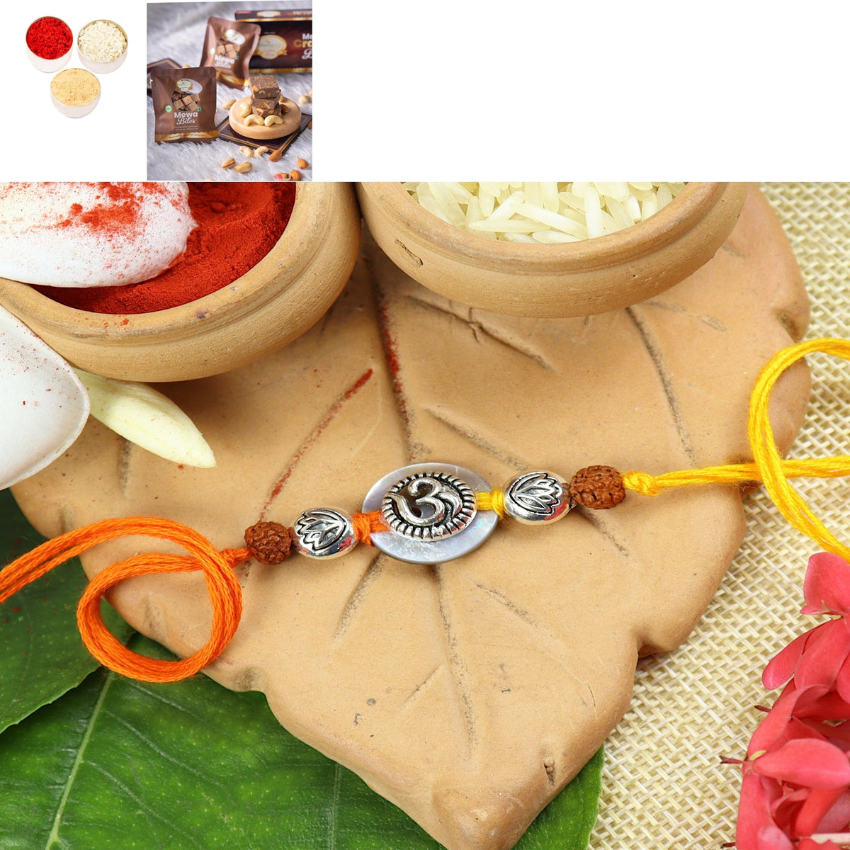 Rakhis Online Australia- S24-006 Mrtal Om Premium rakhi with Mewa Bite Box