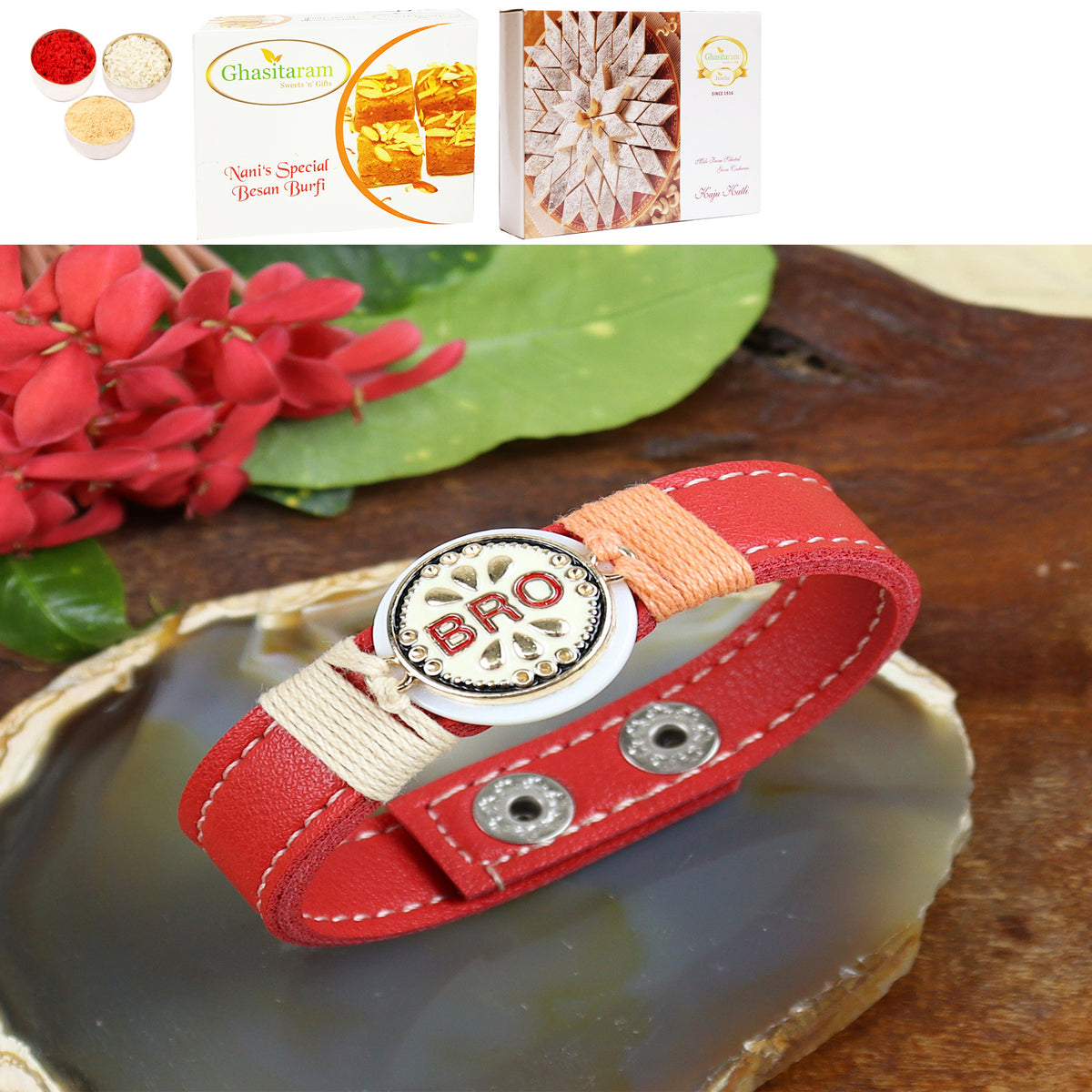 PRK24-012 Premium Rakhi with 200 gms of Besan Barfi and 200 gms of Kaju Katli