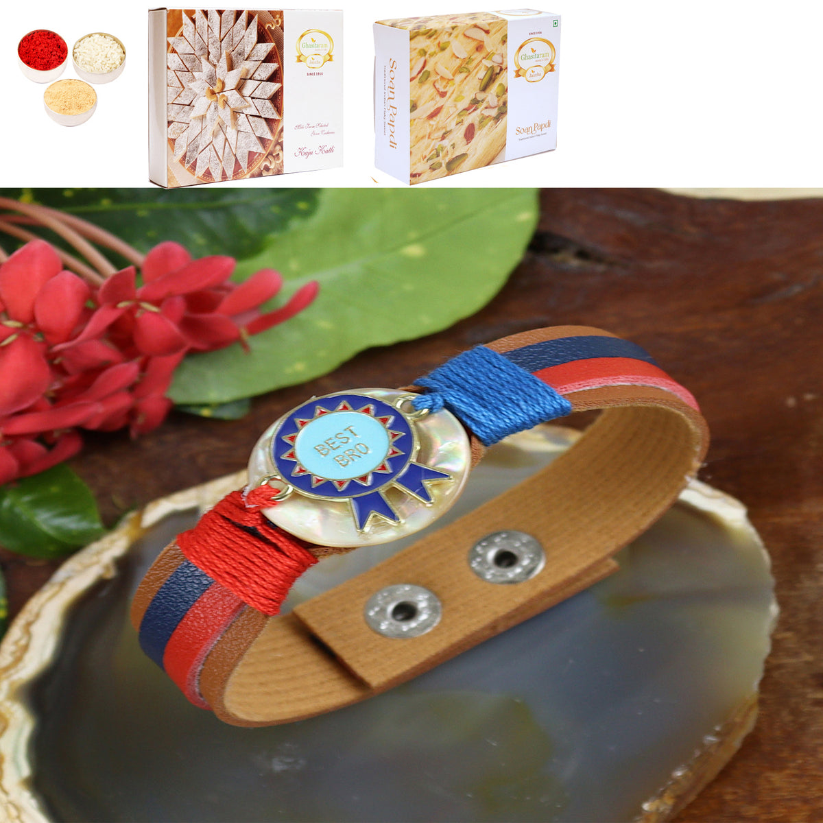 PRK24-016 Premium Rakhi with 200 gms of Kaju katli and 200 gms of Soan Papdi