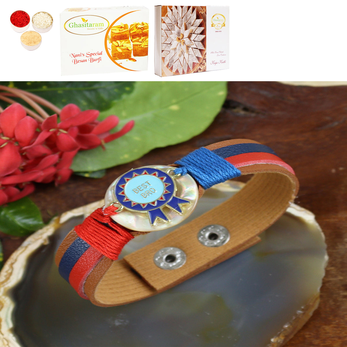 PRK24-016 Premium Rakhi with 200 gms of Besan Barfi and 200 gms of Kaju Katli