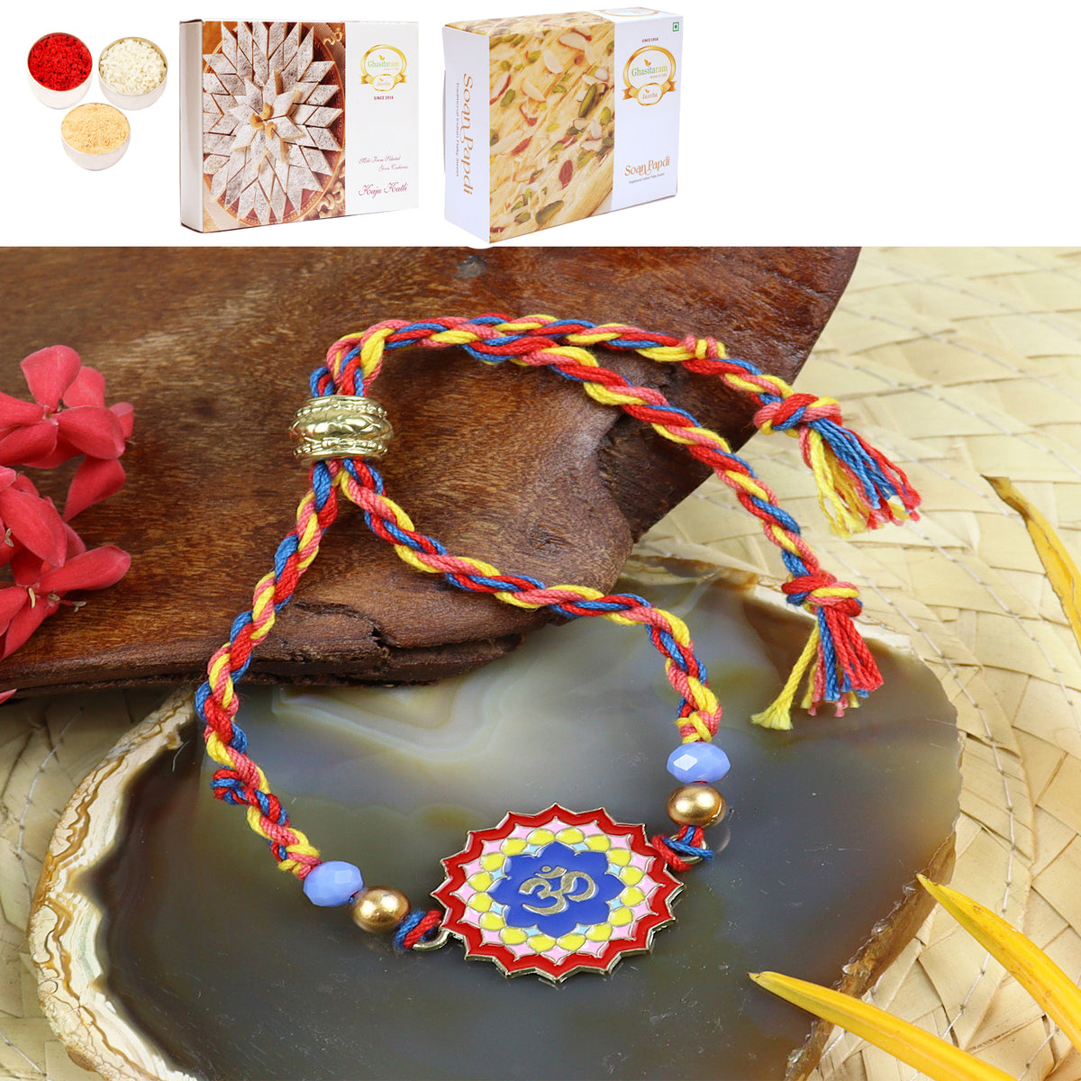 PRK24-036 Metal Om Premium Rakhi with 200 gms of Kaju katli and 200 gms of Soan Papdi