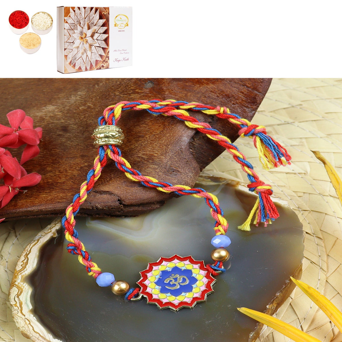 Rakhis Online Australia- PRK24-036 Metal Om Premium Rakhi with 200 gms of Kaju katli