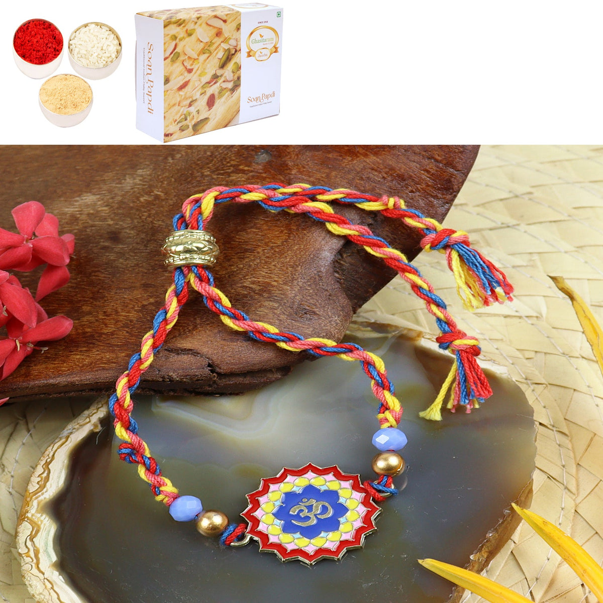 Rakhis Online Australia- PRK24-036 Metal Om Premium Rakhi with 400 gms of Soan Papdi