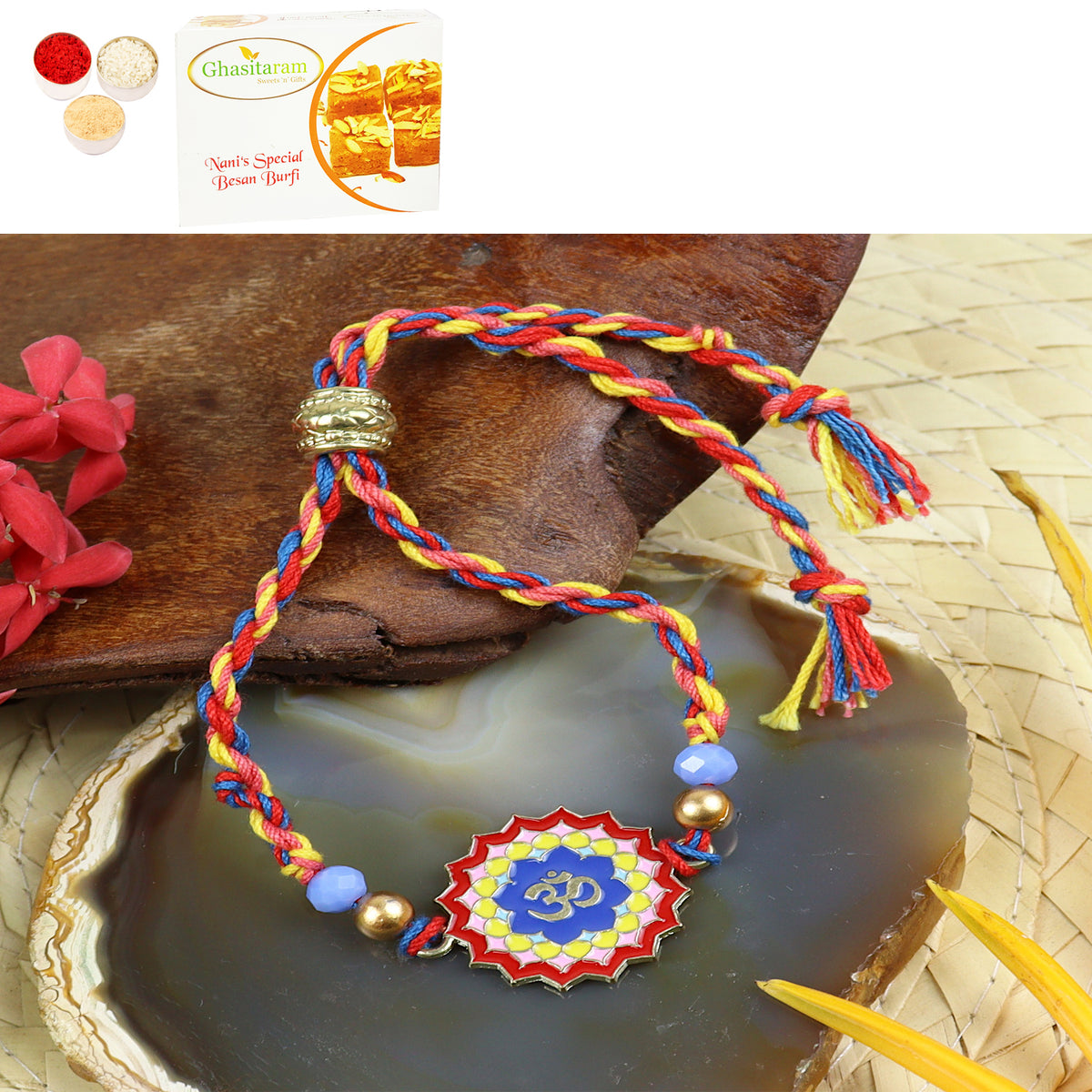 Rakhis Online USA- PRK24-036 Metal Om Premium Rakhi with 200 gms of Besan Barfi