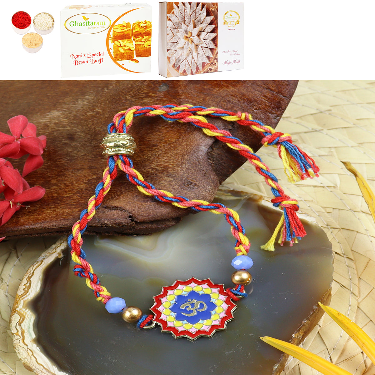 PRK24-036 Metal Om Premium Rakhi with 200 gms of Besan Barfi and 200 gms of Kaju Katli