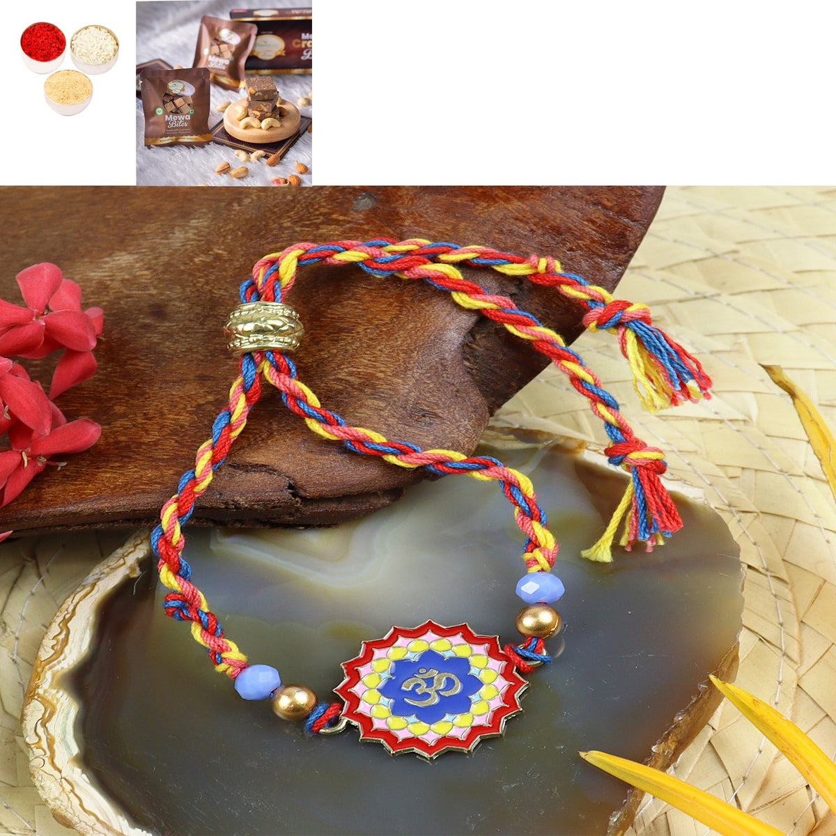 Rakhis Online Australia- PRK24-036 Metal Om Premium Rakhi with Mewa Bite Box