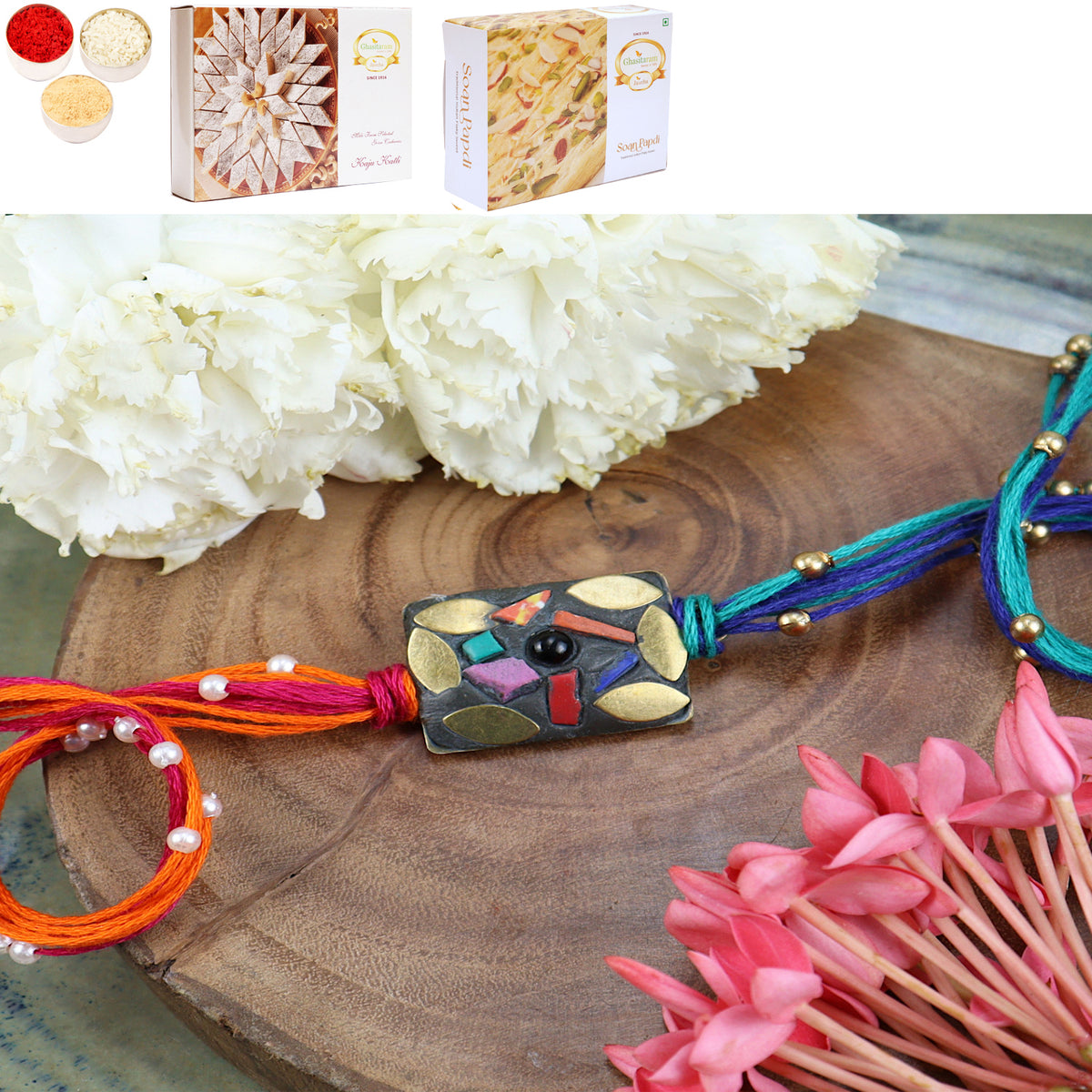 ST24-037- Metal Mosaic Premium Rakhi with 200 gms of Kaju katli and 200 gms of Soan Papdi